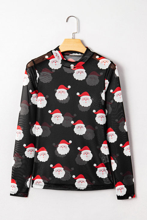 Santa Print Sheer Mesh Mock Neck Slim Fit Long Sleeve Top